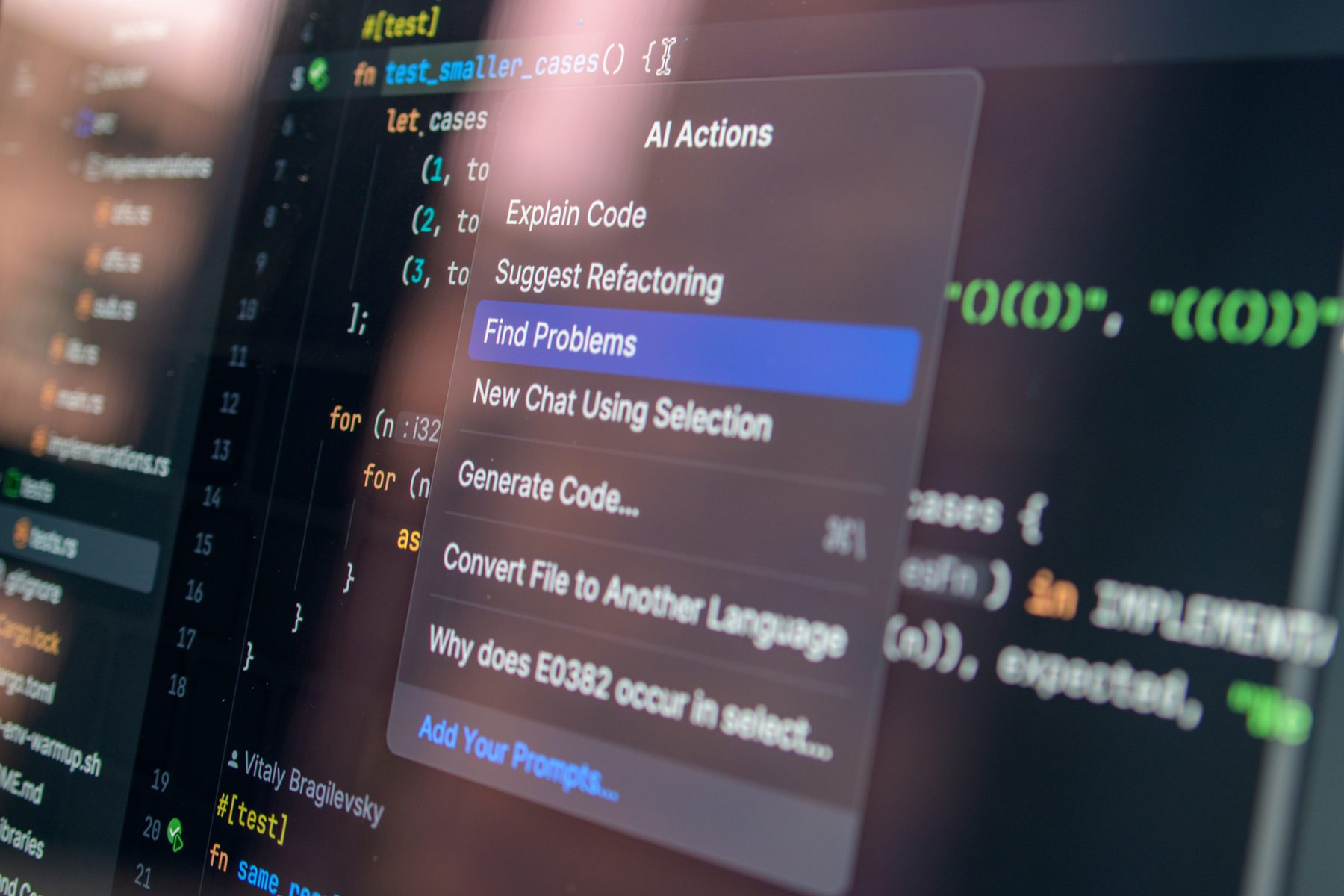 An editor running AI actions over source code