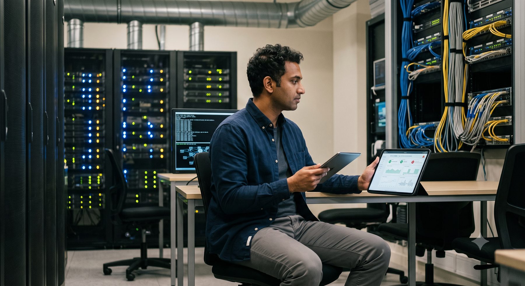 An engineer reviewing a monitoring dashboard in a server room